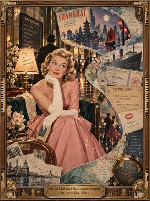 A glamorous blonde in a rose-pink gown and white gloves pauses dreamily in a glowing 1950s departure lounge. Around her, torn maps, ship tickets, telegrams, and a moonlit Shanghai harbor create a nostalgic collage. Warm gold, jade, and crimson accents enrich the playful, wistful atmosphere, enclosed within an ornate bronze frame.