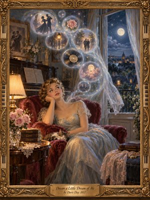 A wistful woman in a shimmering blue gown rests in a burgundy armchair beside a sleeping cat. Dreamlike bubbles of dancing couples, roses, and moonlit memories drift upward through a cozy 1950s parlor. Warm lamplight contrasts with cool midnight blues in this romantic oil painting, enclosed by ornate gold.