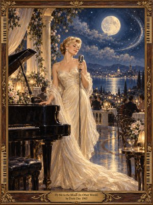 An elegant blonde singer in a flowing ivory gown stands beside a grand piano on a candlelit terrace. A luminous moon illuminates a sparkling waterfront city beneath a starry navy sky. Warm golden reflections, delicate roses, and ornate musical framing enrich this romantic, nostalgic oil painting with timeless sophistication.