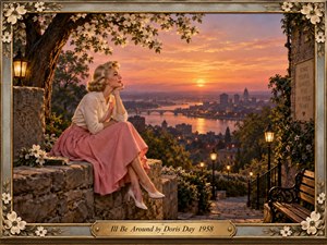 A blonde woman in a cream cardigan and rose-pink skirt sits on a stone overlook, gazing toward a glowing river and distant city beneath a sunset of amber, coral, and violet. Blossoming branches and ornate golden floral framing surround the scene, while old-fashioned lamps and a carved heart lend a nostalgic, wistful atmosphere.