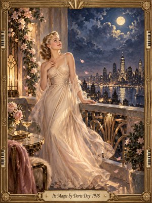 A glamorous blonde in a flowing ivory gown stands on a flower-lined balcony, gazing toward a luminous full moon above a sparkling city skyline. Warm golden lamplight meets deep blue night, while drifting petals soften the romantic atmosphere. Delicate oil brushwork and an ornate Art Deco frame evoke timeless 1940s enchantment.