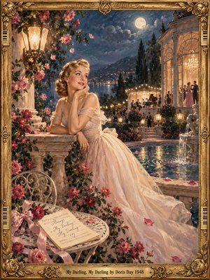 A blonde woman in a flowing ivory gown gazes dreamily across a moonlit garden terrace, surrounded by pink roses, glowing lanterns, and a reflecting fountain. Distant dancers and musicians animate an elegant pavilion. Soft blues and golden light create nostalgic romance in painterly detail, enclosed by an ornate gilded frame.