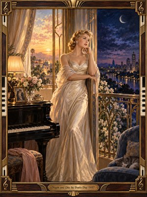 A glamorous blonde woman in a flowing ivory gown gazes wistfully across a moonlit city from an elegant balcony. Golden sunset contrasts with deep blue night skies, illuminating a grand piano, flowers, and ornate furnishings. Rich oil painting textures, romantic atmosphere, and an intricate Art Deco musical frame evoke timeless longing.