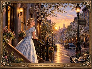 A blonde woman in a pale blue floral dress gazes down a picturesque 1950s city street lined with elegant brownstones and blossoming trees. Golden sunset illuminates wet cobblestones, glowing lamplights, and a vintage car. Ornate gold floral framing surrounds this romantic, cinematic painting, evoking nostalgia, longing, and hopeful anticipation.