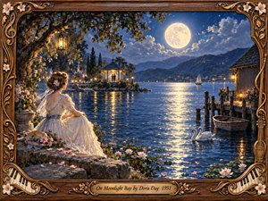 A woman in a flowing ivory dress sits beside a tranquil moonlit bay, watching distant lovers beneath a glowing gazebo. Silver reflections ripple across deep blue water, where swans drift among lilies. Warm lanterns, flowering branches, and an ornate carved musical frame enrich this nostalgic, romantic oil painting.