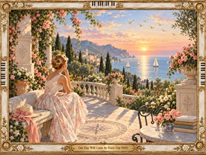 A woman in a flowing floral dress sits on a rose-covered seaside terrace, gazing toward a golden sunrise over sailboats and distant coastal hills. Soft pink, peach, and blue hues bathe the romantic oil painting in hopeful warmth. An ornate ivory-and-gold floral frame with piano keys surrounds the serene scene.
