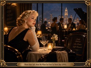 A glamorous blonde woman in a black evening gown and white gloves sits pensively at a candlelit table in an elegant 1950s jazz club. Blurred guests, a grand piano, and a sparkling city skyline create nostalgic depth. Warm amber light contrasts with deep blues and blacks, while ornate gold framing enhances the cinematic vintage elegance.