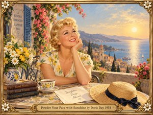 A smiling blonde woman in a floral summer dress gazes toward the golden sunset from a Mediterranean balcony. Lush pink bougainvillea, white daisies, blue shutters, a flowered teacup, and a straw hat create nostalgic charm. Warm painterly colors, shimmering water, distant mountains, and an ornate floral gold frame evoke carefree optimism and romance.