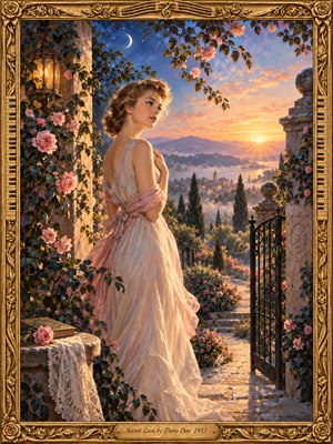 An elegant woman in a flowing blush gown stands among climbing roses on a lantern-lit terrace, gazing toward a golden sunrise beyond misty hills. A crescent moon lingers in the deep-blue twilight, while an open iron gate invites possibility. Rich oil-painted textures and an ornate musical frame evoke tender, nostalgic romance.