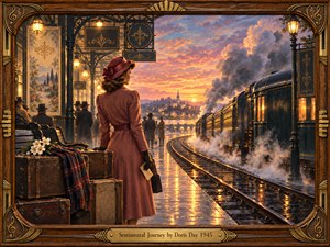 A woman in a rose-colored 1940s coat waits beside vintage luggage on a rain-slick railway platform. Glowing lamps and a steaming train follow curving tracks toward a golden sunset. Rich oil-painted textures, lavender clouds, and an ornate brass-trimmed wooden frame evoke tender nostalgia, homecoming, and hopeful anticipation.