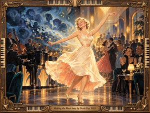 A radiant blonde dancer twirls across a glamorous midcentury ballroom, her ivory dress sweeping through warm golden light. A lively jazz band and elegant guests surround her as smoky blue shadows dissolve into musical ribbons. Rich painterly textures, reflective floors, and an ornate Art Deco frame evoke exuberant liberation.
