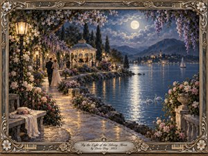 Beneath a luminous full moon, an elegantly dressed couple strolls along a flower-lined lakeside path toward a glowing gazebo. Silver reflections shimmer across tranquil blue water beside graceful swans. Warm lanterns, lavender blossoms, distant village lights, and an ornate musical frame enrich this romantic, nostalgic oil painting.
