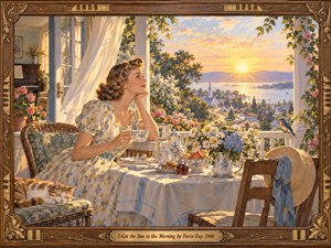 A smiling woman in a floral 1940s dress enjoys tea on a flower-filled veranda overlooking a sunlit harbor town. Golden sunrise bathes pastel clouds, blue water, and winding streets. A sleeping cat, perched bird, and ornate musical wooden frame enrich the warm, nostalgic gouache painting with carefree optimism.
