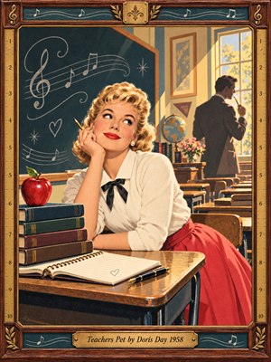 A smiling blonde woman daydreams at a classroom desk, surrounded by stacked books, a red apple, and chalk-drawn musical notes. Golden sunlight silhouettes a suited figure near the window. Warm coral, teal, and walnut tones enhance the playful 1950s lithographic style, enclosed in an ornate wooden frame with brass accents.