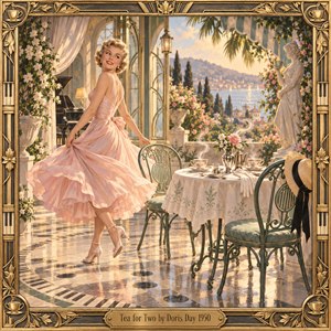 A smiling blonde dancer in a flowing blush dress twirls beside a tea table for two on a sunlit coastal terrace. Pink roses, curling steam, a distant sparkling bay, and a piano evoke gentle romance. Warm golden light bathes the nostalgic gouache scene, enclosed by an ornate Art Deco frame.