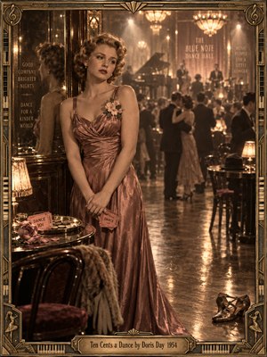 A weary dance hostess in a rose satin gown stands apart from blurred ballroom couples, her reflection caught in a dark mirror. Amber chandeliers illuminate scattered coins, dance tickets, and abandoned shoes. Sepia photographic tones, soft haze, and an ornate Art Deco frame deepen the scenes elegant, melancholy nostalgia.