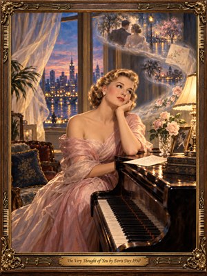 A wistful blonde woman in a flowing blush gown rests beside a grand piano, gazing toward memories of lovers above a twilight city. Golden lamplight warms roses, velvet furnishings, and polished keys against dusky blue windows. Romantic oil-painted textures and an ornate musical frame evoke tender midcentury longing.