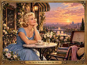 A blonde woman in a blue 1950s dress sits at a flower-filled cafe overlooking a romantic city and river at sunset. Golden light illuminates her thoughtful smile, delicate teacup, gramophone, and books symbolizing love and hope. Rich amber, rose, and blue tones glow within an ornate Art Deco gold frame.