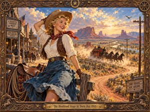A cheerful blonde cowgirl in a flowing blue skirt smiles beside a frontier town as a horse-drawn stagecoach races along a winding, dusty trail. Golden sunset light illuminates distant red mesas beneath dramatic clouds. Rich oil painting textures and an ornate carved wooden frame evoke adventurous Western nostalgia.
