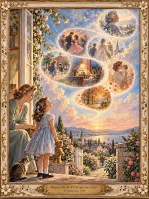 A mother and daughter overlook a sunlit lakeside village as a glowing S-shaped ribbon connects dreamlike memories of childhood, romance, family, and aging. Golden light illuminates pastel clouds, blooming roses, and distant hills. Delicate brushwork, nostalgic warmth, and an ornate ivory-and-gold musical frame celebrate lifes unfolding journey.