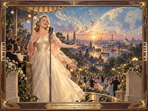 A glamorous 1940s singer performs beneath glowing lights, overlooking a romantic city at sunset. Golden musical notes sweep across pastel skies above dancing couples, distant landmarks, and soaring birds. Warm ivory, rose, and blue tones illuminate the nostalgic painting, enclosed within an ornate Art Deco wooden frame with brass accents.