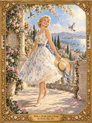 A smiling blonde woman in a flowing blue floral dress holds a straw hat on a sunlit coastal terrace. Songbirds flutter among pink blossoms and drifting petals above a sparkling bay and distant village. Luminous watercolor textures, pastel blues, warm golden light, and an ornate musical frame evoke cheerful nostalgia.