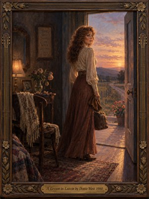 An auburn-haired woman stands at an open doorway, holding a travel bag against a radiant countryside sunset. Warm amber light illuminates her thoughtful expression, contrasting with the shadowed room, wilted roses, and vintage furnishings. Rich oil painting textures, winding roads, and an ornate floral wooden frame evoke bittersweet independence.