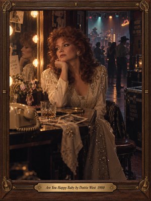 A glamorous country singer sits pensively at a backstage vanity, surrounded by glowing bulbs, fading roses, photographs, and an unanswered telephone. Warm amber light contrasts with cool blue stage shadows, creating nostalgic melancholy. Cinematic vintage photography captures her shimmering ivory gown and reflection, enclosed within an ornate walnut and brass frame.