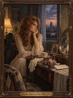 An auburn-haired woman sits pensively beside a window overlooking Nashville at dusk, surrounded by a wilted rose, abandoned gloves, a letter, and a floral teacup. Warm lamplight meets violet twilight across a nostalgic country interior. Rich oil-paint textures, delicate lace, and an ornate carved wooden frame deepen the melancholy.