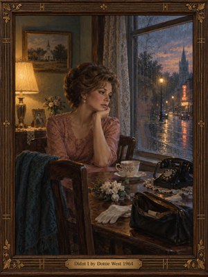 A wistful woman in a dusty rose dress sits beside a rain-streaked window, gazing toward a glowing 1960s street. A silent rotary telephone, white flowers, gloves, and teacup accent the intimate room. Warm amber lamplight contrasts with cool blue twilight in this melancholy oil painting, framed by carved walnut and brass.