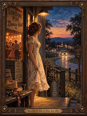 A young woman in a floral dress waits outside a rustic dance hall, watching headlights approach along a winding road at dusk. Amber lamps illuminate dancing silhouettes, roses, and weathered wood beneath a blue and coral sky. Rich oil brushwork and an ornate guitar-string frame evoke nostalgic longing and hopeful anticipation.