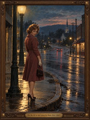A solitary woman in a burgundy coat stands beneath a glowing streetlamp on a rain-soaked small-town corner. A departing car follows the winding road toward a distant church. Amber reflections illuminate wet pavement beneath a dusky blue and rose sky. Rich oil painting textures, ornate carved wood, and brass accents evoke quiet heartbreak.