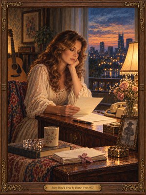 A wistful woman in a lace blouse studies a letter at a polished wooden desk, surrounded by roses, a telephone, and an acoustic guitar. Amber lamplight warms the intimate room while a blue-orange sunset glows beyond the city window. Rich oil-painted textures and an ornate walnut frame evoke nostalgic longing.