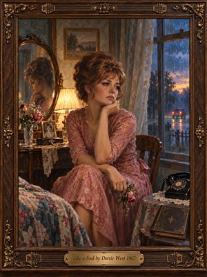 A wistful woman in a dusty rose dress sits beside a rain-streaked window, holding fading flowers. Warm lamplight illuminates an antique vanity and oval mirror while distant taillights glow against blue twilight. Rich oil-painted textures, floral fabrics, and an ornate carved wooden frame evoke the ache of lingering heartbreak.