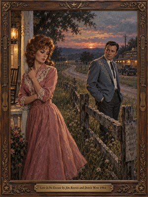 A wistful oil painting shows a woman in a dusty rose dress turning from a solemn man across a weathered fence. A winding country road, distant honky-tonk, and fading sunset echo their separation. Golden lantern light warms blue twilight, while an ornate carved wooden frame and engraved brass plate complete the scene.