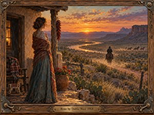 A wistful woman in a turquoise dress watches a lone rider depart across a sunlit desert valley. A winding river, distant wild horses, and rugged mesas glow beneath a rose and amber sunset. Rich oil brushwork, rustic adobe details, and an ornate western frame evoke longing, freedom, and home.
