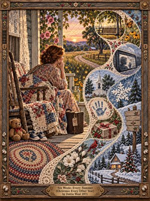 A wistful woman sits on a rustic porch beside a teddy bear and tiny shoes, gazing toward golden fields. A lace-edged S-curve of quilted memories winds through a departing child, summer blossoms, and snowy Christmas scenes. Warm amber sunlight contrasts with icy blues, while carved wood frames the nostalgic embroidery.