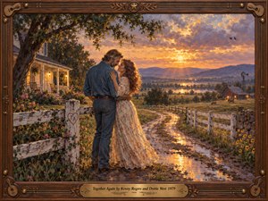 A reunited couple embraces beside a weathered farmhouse as sunset spills gold across a winding, rain-damp country road. Rolling hills, white fences, grazing cattle, and distant barn lights deepen the peaceful nostalgia. Rich oil brushwork blends amber, rose, and lavender, enclosed by a carved wooden frame with brass musical details.