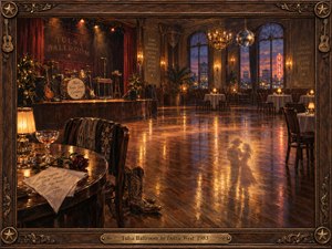 A deserted Tulsa ballroom glows with amber chandeliers and fading blue twilight. Polished floorboards reflect a ghostly dancing couple, while instruments rest on a curtained stage. A wilted rose, cowboy boots, and half-finished drink suggest lost romance. Rich oil-painted textures and an ornate wooden frame deepen the nostalgic atmosphere.