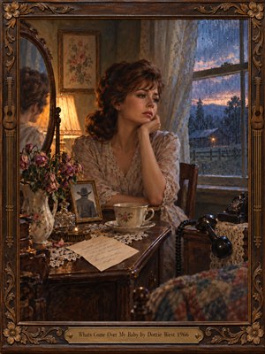 A wistful woman in a floral dress sits beside a rain-streaked window, her chin resting thoughtfully on one hand. Warm amber lamplight illuminates wilted roses, lace, a photograph, and an abandoned telephone. Cool blue twilight enhances the melancholy atmosphere of this detailed oil painting, surrounded by an ornate carved wooden frame.