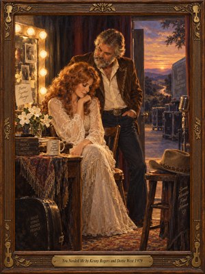 In a warmly lit backstage dressing room, a red-haired woman sits thoughtfully while a silver-bearded man stands beside her in quiet reassurance. Amber vanity bulbs illuminate flowers, vintage keepsakes, and a microphone, while a rose-gold sunset glows beyond an open doorway. Rich oil brushwork and an ornate wooden frame evoke enduring tenderness.