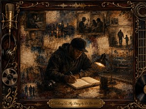 A reflective figure writes in an open diary inside a dim recording studio, surrounded by faded memories of childhood, friendship, family, city nights, and music. Warm amber, brown, and black tones glow beneath a desk lamp. Rich painterly textures, handwritten pages, vintage equipment, and an ornate musical frame create a deeply nostalgic mood.