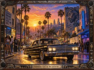 A gleaming black lowrider dominates a lively Los Angeles boulevard at sunset, surrounded by palm trees, neon storefronts, crowds, and glowing city towers. Warm gold, orange, and violet light reflects across wet pavement and chrome. Rich painterly textures, urban murals, and an ornate metallic frame create a celebratory, cinematic West Coast atmosphere.