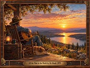 A warm oil painting depicts a cowboy resting with his guitar on a rustic porch overlooking a mountain lake at sunset. Golden reflections shimmer beneath pink and orange clouds. A loyal dog, glowing lantern, and weathered trunk enhance the peaceful atmosphere. An ornate wooden musical frame completes the nostalgic scene.