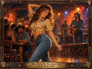 A lively country dance hall glows with amber, red, and blue stage lights as a smiling woman dances confidently in fitted blue jeans and a tied plaid shirt. Musicians perform behind her while patrons watch. Rich painterly textures, rustic wood, and an ornate guitar-inspired frame capture playful vintage nightlife.