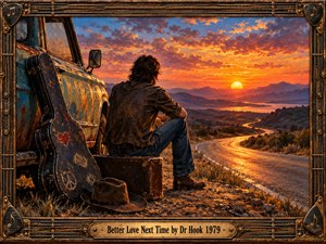 A weathered traveler sits beside a vintage turquoise pickup, contemplating a winding road beneath a fiery sunset. Golden light illuminates distant mountains, rugged terrain, and scattered belongings. Rich oil brushwork creates nostalgic warmth and bittersweet hope. An ornate bronze musical frame surrounds the scene, featuring an engraved title plate.