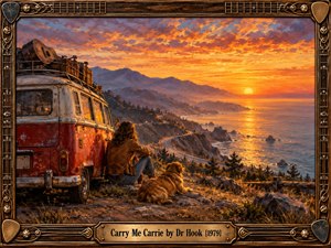 A nostalgic oil painting captures a lone traveler and golden dog beside a weathered camper van overlooking a winding coastal highway at sunset. Fiery orange skies illuminate rugged cliffs and shimmering ocean waters. Rich brushwork creates a wistful, reflective atmosphere, enclosed by an ornate guitar-inspired wooden frame with engraved brass details.