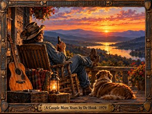 A weathered cowboy relaxes on a rustic porch beside his loyal dog, gazing across a golden river valley at sunset. Warm amber light illuminates an acoustic guitar, lantern, and wooden rocking chair. Rich painterly textures, distant blue mountains, and an ornate musical frame evoke nostalgia, reflection, and peaceful acceptance.