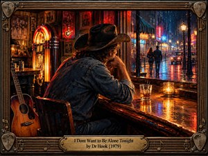 A solitary cowboy sits in a dim vintage bar, gazing through rain-streaked windows at a neon-lit street and distant lovers. Warm amber candlelight contrasts with cool blue reflections, creating a wistful atmosphere. Rich oil-painted textures, a glowing jukebox, acoustic guitar, and ornate bronze musical frame evoke late-night loneliness and nostalgia.