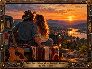 A romantic couple sits together on a vintage pickup overlooking a glowing river valley at sunset. Fiery orange skies, distant mountains, and shimmering town lights create a nostalgic atmosphere. Rich painterly textures, an acoustic guitar, and a striped blanket evoke 1970s warmth, enclosed by an ornate musical frame and engraved brass titleplate.